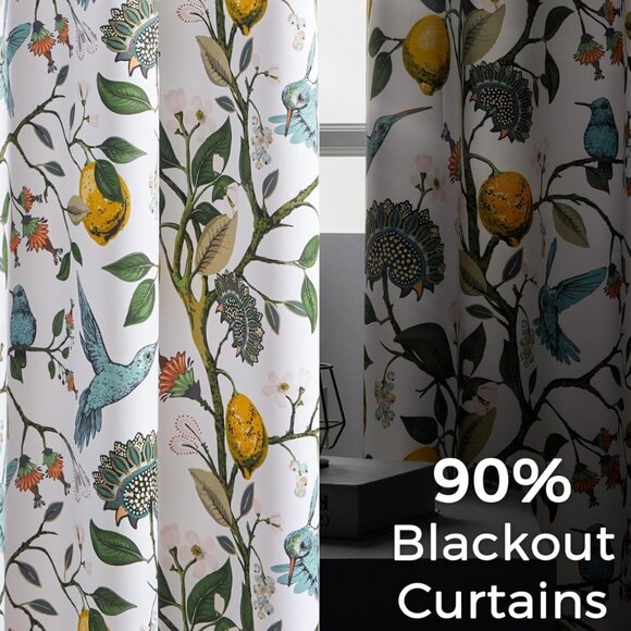 Floral Lemon Hummingbird Curtains Patterned Waverly Mid-Century Style - Picture 5 of 9